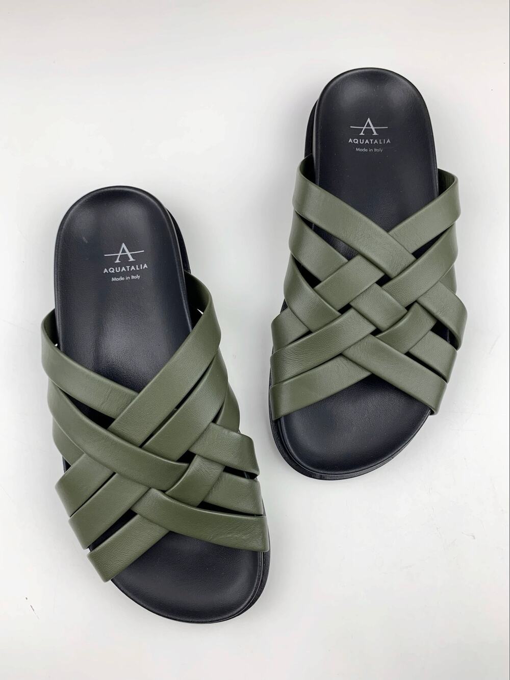 Aquatalia Iselda Woven Leather Slides Green Sandals Slip On Italy Women's 8
